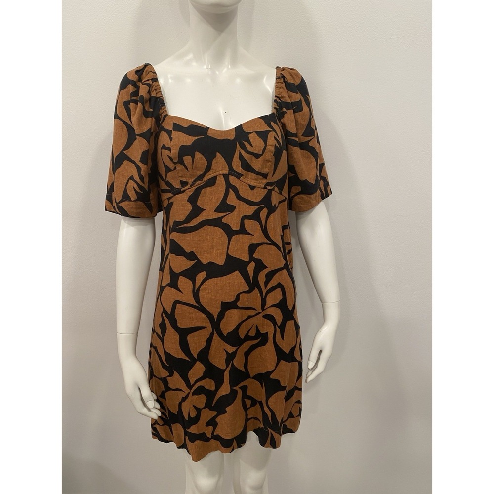 A New Day Linen Blend Dress Smocked Short Sleeve Tan Black Print SZ Small